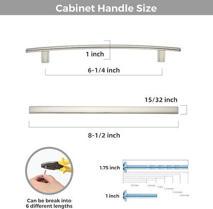15 Pack Cabinet Handles 6.25" Hole Center - Curved Cabinet Pulls Brushed Nickel Drawer Pulls for Kitchen Cupboard Solid Hardware for Dresser Drawer Arch Hardware