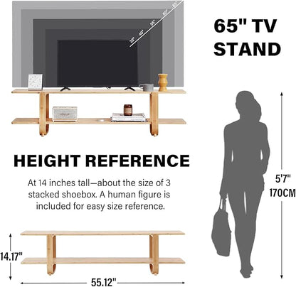 Welnow Bamboo TV Stand for Up to 65 Inch, Mid Century Modern Entertainment Center with 2-Tier Open Shelves, Storage Media Console Table for Living Room, Bedroom, Natural