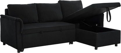 Ball & Cast L-Shape Reversible Sectional Sleeper Sofa Bed 4 in 1 Pull Out Couch with Storage Chaise&Removable Backrest,Convertible Sleeper Corner Couch Pull-Out Sofa Bed for Living Room,Corduroy,Black