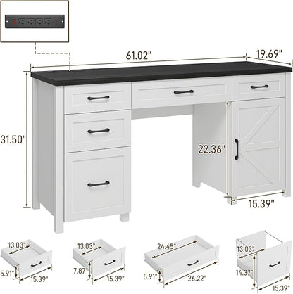 Farmhouse 61'' Executive Desk with 5 Drawers, Rustic Office Desk Computer Desk with Charging Station, File Drawers and Storage Cabinet, Wood Workstation for Home Office and Study.(Black Top)