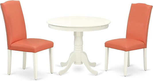East West Furniture ANEN3-LWH-78 3 Piece Dining Set Contains a Round Kitchen Table with Pedestal and 2 Pink Flamingo Faux Leather Parson Dining Chairs, 36x36 Inch, Linen White