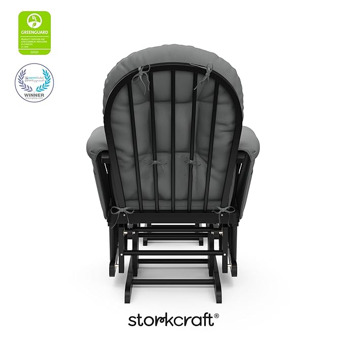 Storkcraft Premium Hoop Glider & Ottoman (Black with Gray) — GREENGUARD Gold Certified, Solid Wood Craftsmanship, Convenient Storage Pockets, Smooth-Gliding Chair for Nursery, Multi-Award-Winning