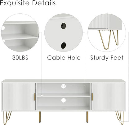 TV Stand for 55 65-inch TV, Entertainment Center with Soft Hinge Door,TV Console Table with 2 Cabinets with Gold Handle and Feet,for Living Room, Bedroom, White