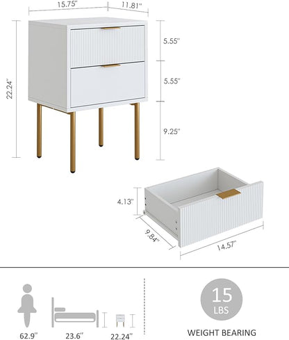 Nightstand,Small Bedside Table with Gold Frame,Morden Night Stand with 2 Drawer,End Table,Side Table with Drawer and Shelf for Bedroom,Living Room (White-2Drawer)