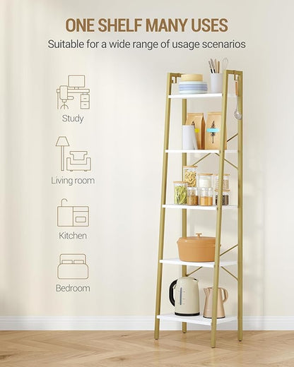 Ladder Shelf, Bookshelf Bookcase, Freestanding Corner Storage Shelve with 2 Hooks for Home Office, Living Room, Kitchen, Bedroom, Industrial, 5-Tier White Gold BC19213G