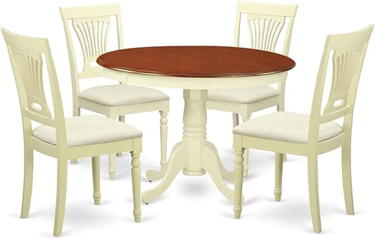 East West Furniture HLPL5-BMK-C 5 Piece Modern Dining Table Set Includes a Round Wooden Table with Pedestal and 4 Linen Fabric Kitchen Dining Chairs, 42x42 Inch, Buttermilk & Cherry