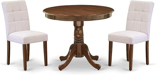 East West Furniture ANAS3-AWA-08 3 Piece Kitchen Dining Table Set contain A Modern Table and 2 Mist Beige Polyester Fabric Upholstered Dining Chairs, Antique Walnut