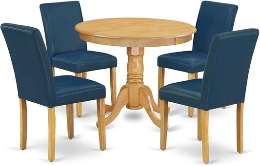 East West Furniture ANAB5-OAK-55 5 Piece Dining Room Table Set Includes a Round Kitchen Table with Pedestal and 4 Oasis Blue Faux Leather Upholstered Parson Chairs, 36x36 Inch, Oak