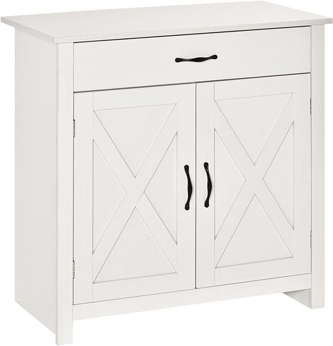 HOMCOM Farmhouse Sideboard Buffet Cabinet, Barn Door Coffee Bar Cabinet with Drawer and Adjustable Shelf, for Living Room, Entryway, White Wash