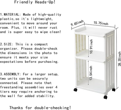 3 Tier Rolling Storage Cart Organizer Shelf on Wheels Movable Organization Rack with Wheels Shelving Unit Trolley for Bathroom Laundry Room Office Utility Cart (Taller Size)