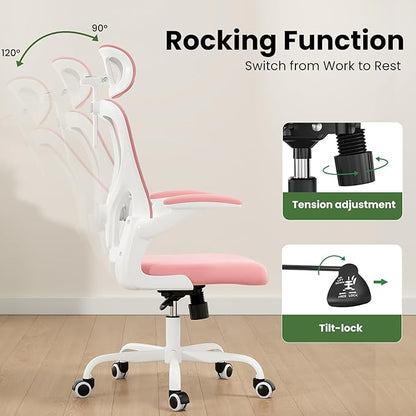 Ergonomic Office Chair, Comfy Home Office Chair High Back Computer Chair with Headrest, Adjustable Back Support, Flip-Up Arms, 90-120° Tilt and Wide Cushion, Up to 300lbs, Pink+White