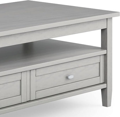 SIMPLIHOME Warm Shaker Coffee Table - 48 inch Wide Solid Wood Cocktail Table in Fog Grey, Transitional Living Room Table with 2 Storage Drawers and Open Shelf for Sitting Area or Lounge