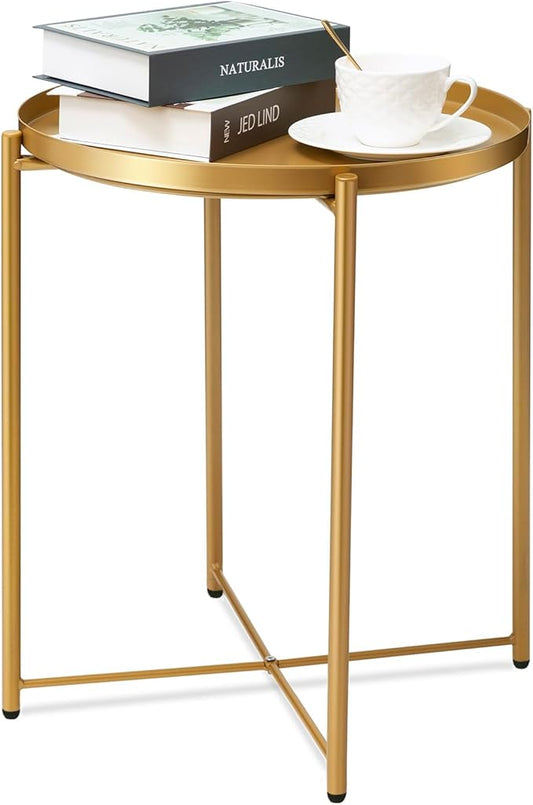 danpinera Gold Side Table, End Table for Small Spaces Outdoor Desk Round Metal Patio Coffee Nightstand Waterproof Removable Tray Desk for Living Room Bedroom Balcony Office