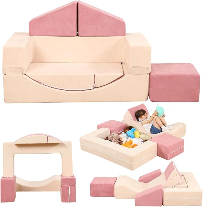 Modular Kids Play Couch, Kids Sofa Toddler Couch, Foam Play Set with Recliner, Toddler Sofa for Creative Boys & Girls, Convertible Foam Climbing Blocks