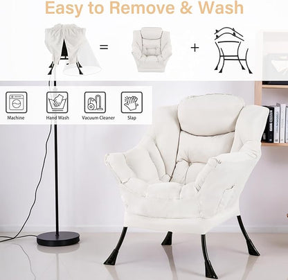 Lazy Chair for Living Room, Modern Accent Chairs with Armrests, Comfy Lounge Chair with Side Pocket, Cozy Lazy Sofa for Reading, Balcony, Bedroom, Dorm, Small Spaces (Beige)