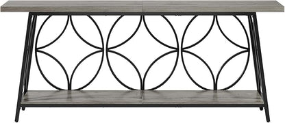70.9-Inch Sofa Table, 2-Tier Narrow Console Table with Storage for Entryway, Living Room, Hallway, Foryer, Geometric Pattern Design (Grey)