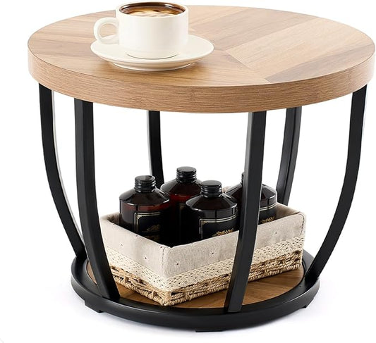 Round Coffee Table, 2-Tier Circle Wood Coffee Table with Storage Shelves, Modern Industrial Wooden Accent Center Sofa Side for Living Room, Home Office(15.7'' Dia X 14.2 H)