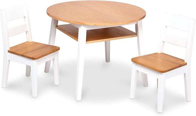 Melissa & Doug Wooden Round Table and 2 Chairs Set – Kids Furniture for Playroom, Light Woodgrain and White 2-Tone Finish Two-Tone Round Wooden Toddler And Kids Table And Chairs Activity Furniture Set