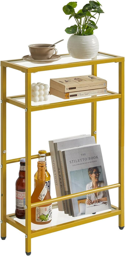 IBUYKE Glass End Table for Small Space, Narrow Side Tables with Storage Shelf, Bedside Table Slim Nightstand with Magazine Holder, for Living Room Home Office, Clear Gold UTMZ002G