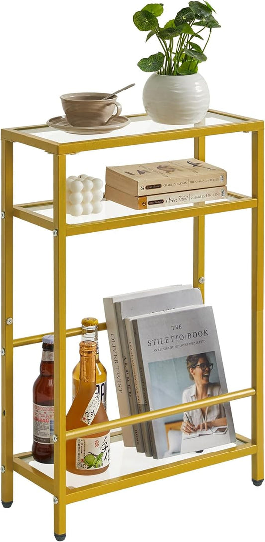 IBUYKE Glass End Table for Small Space, Narrow Side Tables with Storage Shelf, Bedside Table Slim Nightstand with Magazine Holder, for Living Room Home Office, Clear Gold UTMZ002G