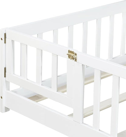 Twin Floor Bed with Slats and Center Support Bar, Wood Montessori Floor Bed with Fence and Door, Kids Montessori Bed Twin Size, Twin Size Montessori Floor Bed for Kids, Girls, Boys(Twin White)