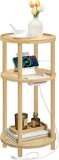 HOOBRO Small Round Side Table with Charging Station, 3-Tier Round Bamboo End Table, Compact Sofa Bedside Table for Small Space, Easy Assembly, for Living Room, Bedroom, Apartment, Natural YL152UBZ01