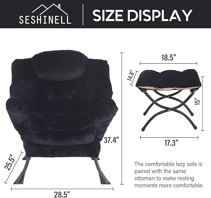 Lazy Chair with Ottoman, Modern Accent Chair Lounge Leisure Sofa Chair with Armrests, Reading Chair and Folding Footstool for Living Room, Bedroom, Office, Plush Black