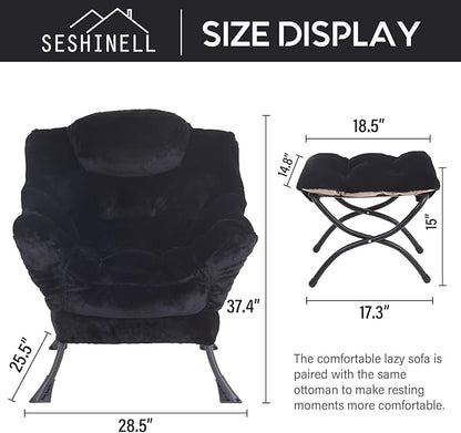 Lazy Chair with Ottoman, Modern Accent Chair Lounge Leisure Sofa Chair with Armrests, Reading Chair and Folding Footstool for Living Room, Bedroom, Office, Plush Black