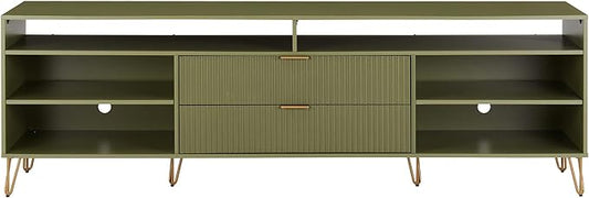 Manhattan Comfort Dumbo Mid Century Modern TV Stand for Televisions up to 80 Inches, Home Entertainment Center with Storage, 6 Shelves, 2 Drawers, No Tool Assembly, 85" Wide, Olive Green
