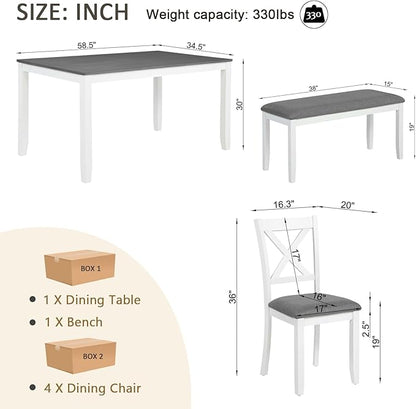 KEIKI 6-Piece Standard Height Dining Table Set with Rectangular Table, 4 Upholstered Chair, Bench, for 6 Person, Modern Style Wooden Table Set, Easy Assembly, for Kitchen, Dining Room, White+Gray