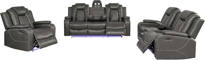Ball & Cast Power Recliner Sofa Set Leather Reclining Sofa Set Living Room Furniture Set 3PCS Recliner Couch Loveseat & Chair Sets with Wireless Charging,Bluetooth Speaker,Cup Holders for Home Theater