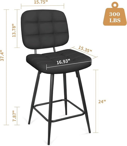 Bar Stools Set of 2, 24 Inch Upholstered Metal Barstool with Back and Footrest, Bar Chair with Metal Base for Dining Room Counter Island, Black