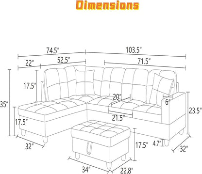 L Shaped Sectional Couch with Otttoman, 103" Sectional Sofa for Living Room Flannel Modular Couches with Cup Holders for Bedroom, Apartments, Beige &Brown