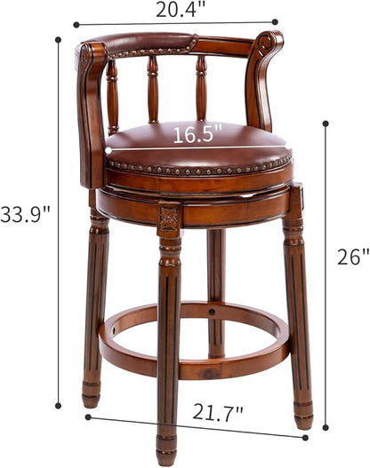 Cow top Leather Wooden Bar Stools, 360 Degree Swivel Bar Height Chair with Backs for Home Kitchen Counter, Morden Chair Barstools (Brown 2pcs, Counter Height-Seat Height 26”)