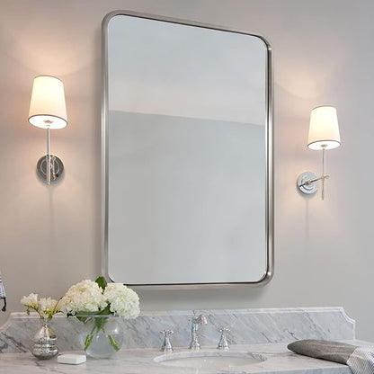 ANDY STAR 24x32 INCH Brushed Nickel Mirror, Rounded Rectangle Silver Metal Framed Mirrors for Bathroom Anti-Rust SUS304, Tube Metal Frame, 1’’ Deep Wall Mounted Vertically/Horizontal