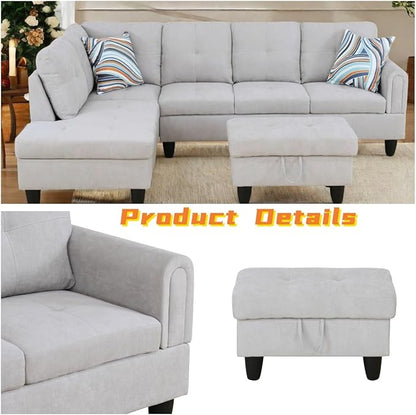 L Shaped Sectional Couch with Otttoman, 97" Sectional Sofa for Living Room Flannel Modular Couches with Cup Holders for Bedroom, Apartments, Light Grey