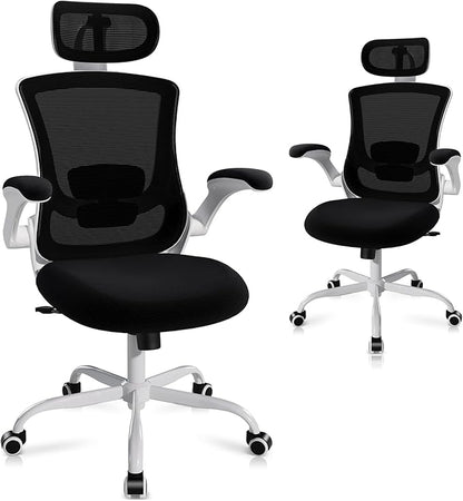 High Back Office Chair with Adjustable Lumbar Support & Headrest, Ergonomic Mesh Desk Chair with Flip-Up Armrests, Breathable & Comfortable Computer Chair for Home, Office & Study, Black