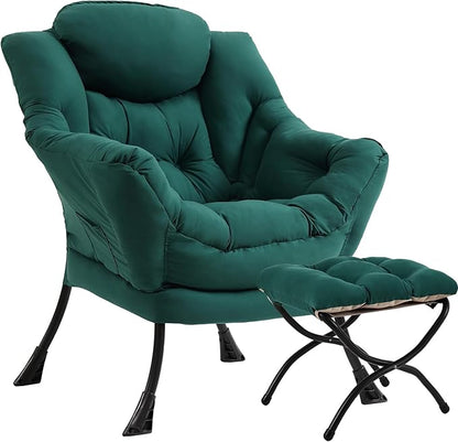 Lazy Chair with Ottoman, Large Modern Lounge Accent Chair with Armrests and Footrest, Reading Armchair with Ottoman, Leisure Sofa Chair for Living Room, Bedroom, Dorm Room(Dark Green
