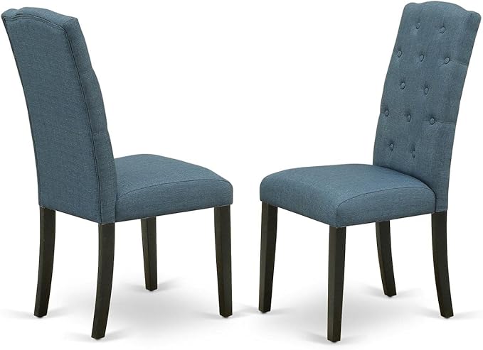 East West Furniture DLCE5-BLK-21 5 Piece Kitchen Table & Chairs Set Includes a Round Dining Table with Dropleaf and 4 Mineral Blue Linen Fabric Upholstered Chairs, 42x42 Inch, Black