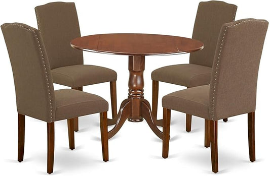 East West Furniture DLEN5-MAH-18 5 Piece Dining Room Furniture Set Includes a Round Dining Table with Dropleaf and 4 Dark Coffee Linen Fabric Upholstered Chairs, 42x42 Inch, Mahogany