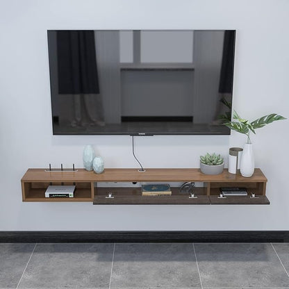 Pmnianhua Floating TV Shelf,55'' Wall Mounted Floating TV Stand Unit Media Console Wall TV Console Cabinet Media Entertainment Shelf with 2 Doors TVs up to 60 inch Flat Screen (Walnut)