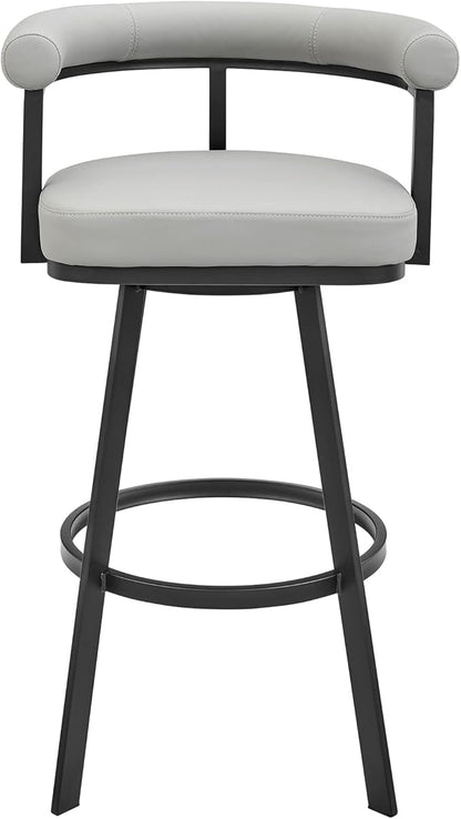 Armen Living Magnolia Swivel Bar Stool in Black Metal with Light Grey Faux Leather