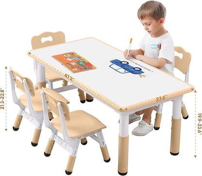 Kids Table and Chair Set Height-Adjustable Toddler & 6-Chair Set with Graffiti-Proof Desktop, Non-Slip Legs – Arts/Crafts Activity Table for Daycare Classrooms Ages 2-12