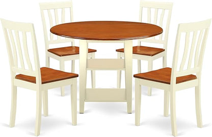 East West Furniture SUAN5-BMK-W 5 Piece Modern Dining Table Set Includes a Round Wooden Table with Dropleaf & Shelves and 4 Dining Room Chairs, 42x42 Inch, Buttermilk & Cherry