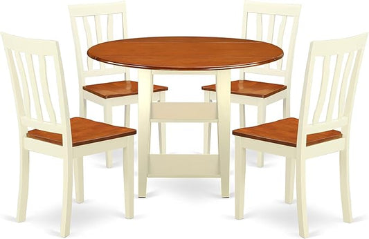 East West Furniture SUAN5-BMK-W 5 Piece Modern Dining Table Set Includes a Round Wooden Table with Dropleaf & Shelves and 4 Dining Room Chairs, 42x42 Inch, Buttermilk & Cherry