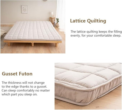 EMOOR Japanese Padded Futon Mattress Machi Full Gray, Gusset Foldable Storable Elastic Bands Floor Sleeping Guest Bed Tatami Mat
