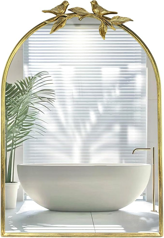 Gold Vintage Mirror for Vanity 24x35 Inch Gold Antique with Ornate Frame, Arched Vintage Wall for Bathroom, Living Room, Fireplace, Entryway