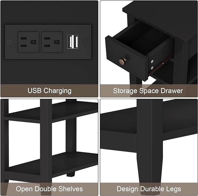 ChooChoo Black End Table Set of 2, Sofa Side Table Living Room with Charging Station,Narrow Night Stand with USB Ports & Power Outlets and Hidden Drawer