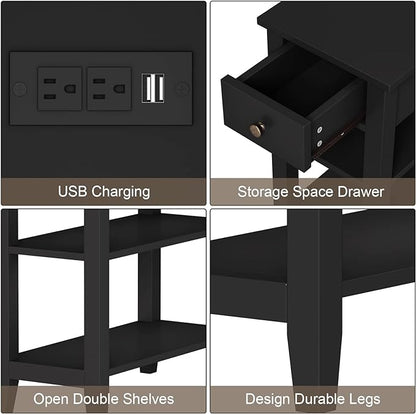 ChooChoo Black End Table Set of 2, Sofa Side Table Living Room with Charging Station,Narrow Night Stand with USB Ports & Power Outlets and Hidden Drawer