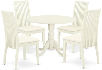 East West Furniture DLIP5-WHI-C 5 Piece Kitchen Table & Chairs Set Includes a Round Dining Table with Dropleaf and 4 Linen Fabric Dining Room Chairs, 42x42 Inch, Linen White